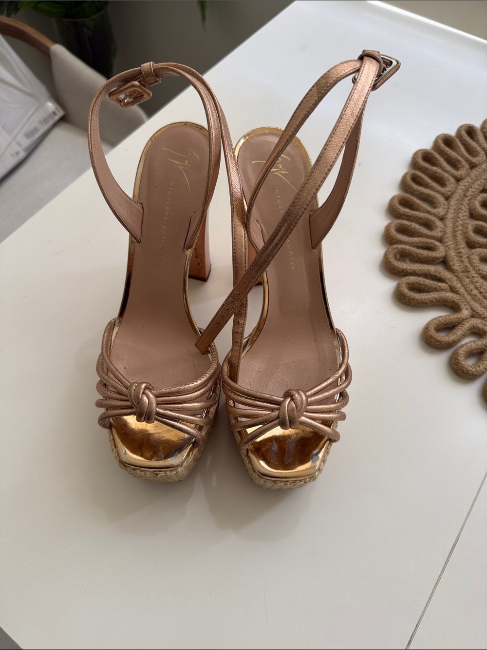 Giuseppe Zanotti Rose Gold Knotted Slingback Platform Heels